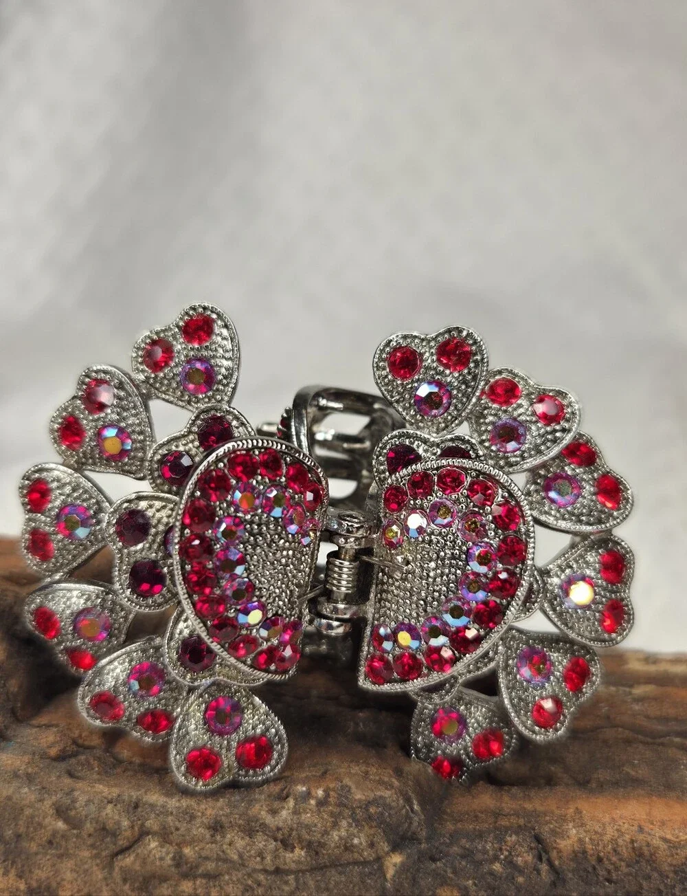 Irridescent Red Rhinestones Crystal Metal Butterfly Hair Claw Clip Flutter Heart
